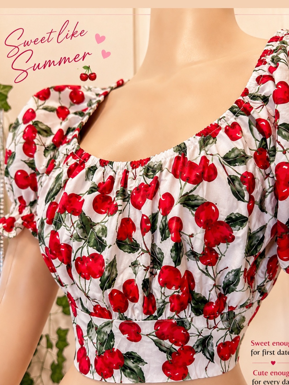 Cider Cherry Print Puff Sleeve Wrap Crop Top Size Large | Cottagecore Coquette